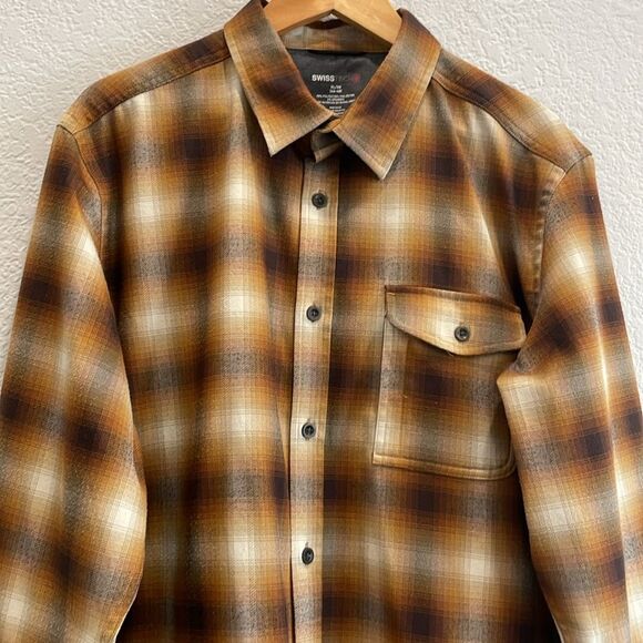 Swiss Tech Brown Plaid Flannel Button Down Shirt Size XL - Picture 2 of 7